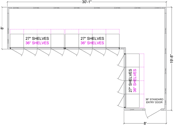 L- Shaped Walk-In Coolers - Right Entry - 12 Doors