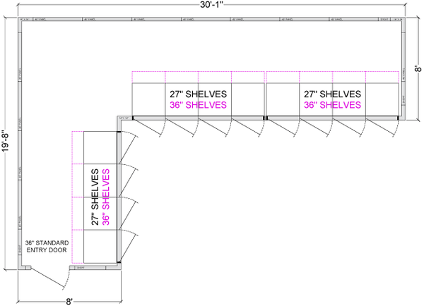 L- Shaped Walk-In Coolers - Left Entry - 12 Doors