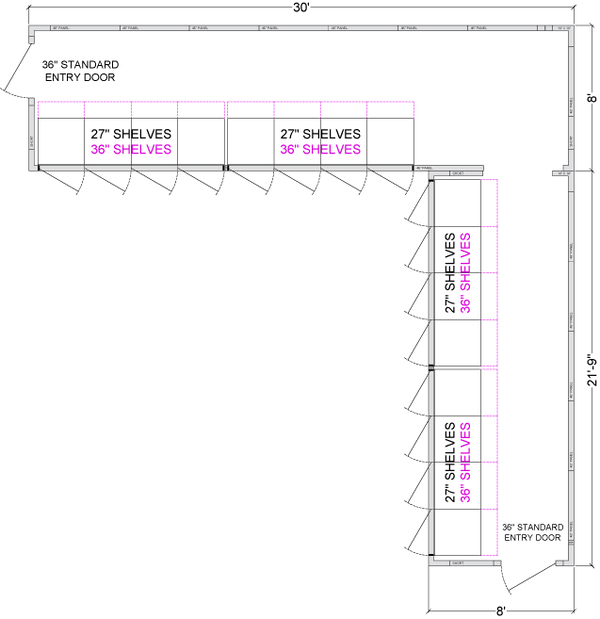 L- Shaped Walk-In Coolers - Right Entry - 16 Doors